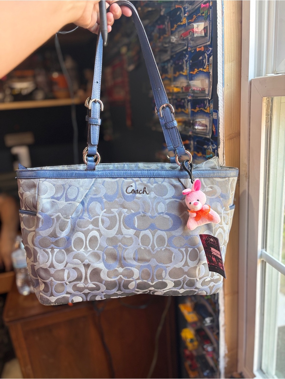 Coach Signature Tote in Light Blue and Gray with Pink Charm
